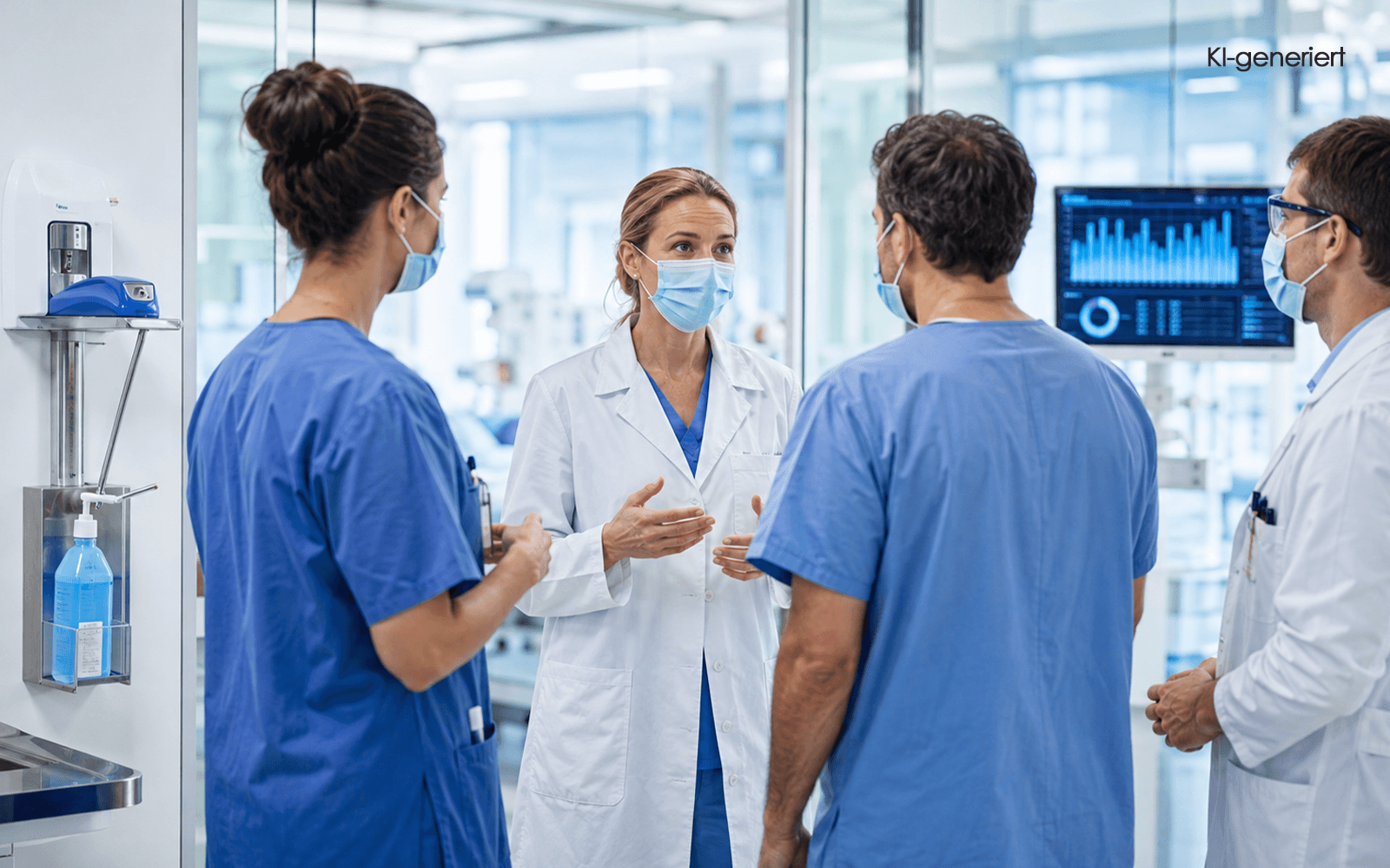 KI generiert - Infektiologisches Ärzteteam bespricht Infektionsprävention und Hygienemassnahmen in einem modernen Schweizer Spital